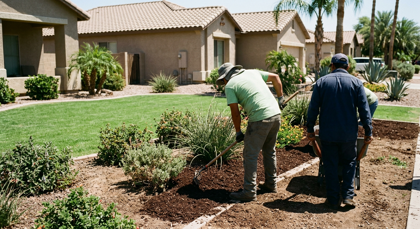Landscaper installing fresh mulch around a garden bed